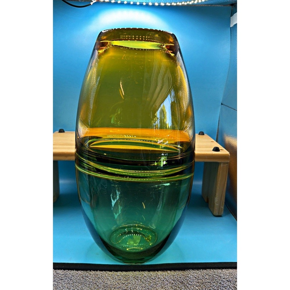 Mid Century Modern Style Two Tone Amber and Green Art Glass Capsule Vase 15.5in